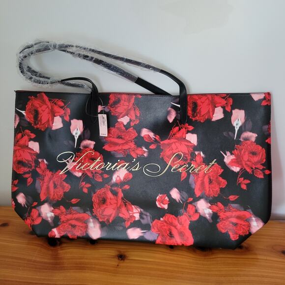 Victoria's Secret Handbags - Victoria's Secret 2019 Limited Edition Rose Print Tote Bag NWT Black Red Floral